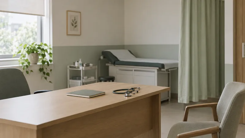 A doctor's consulting room with a desk, a stethoscope and an examination couch behind a curtain