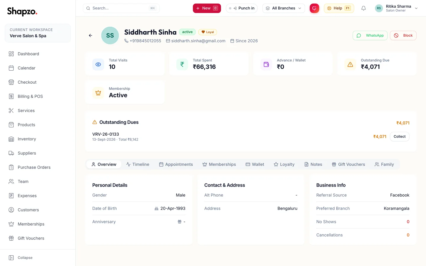 A customer profile with visit history, notes and balances