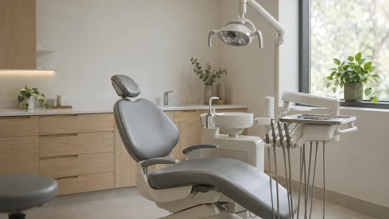 A single-chair dental treatment room with an overhead operatory light and an instrument tray