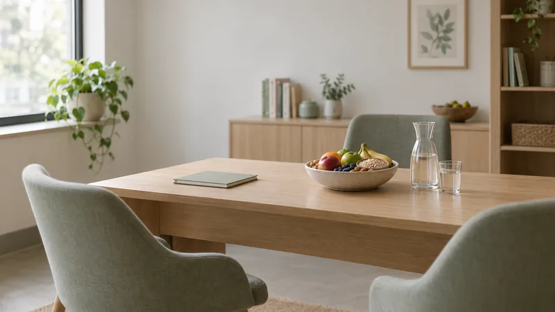 A dietitian's consulting room with a desk, a carafe of water and a bowl of fresh fruit and grains