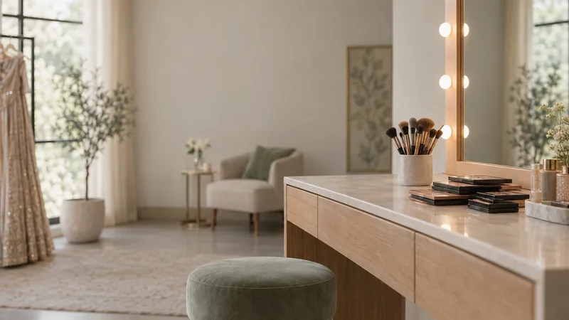 A makeup studio station with a bulb-lit mirror, brushes in a holder and stacked palettes