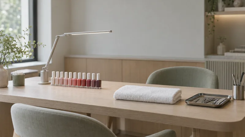 A manicure table with a task lamp, a row of polish bottles and steel tools on a tray