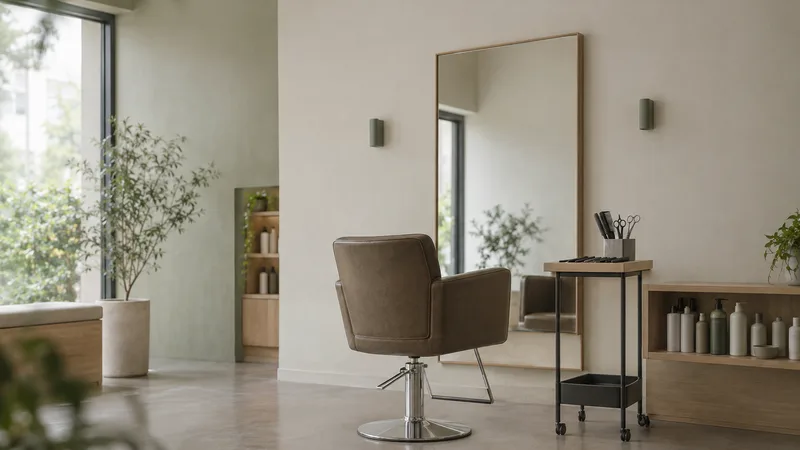 A styling station in a modern hair salon: a chair facing a tall mirror, with tools on a trolley