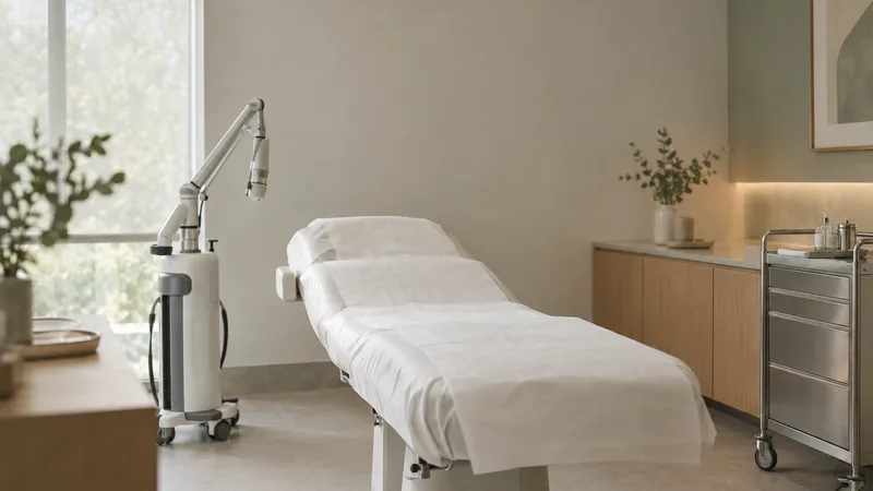 An aesthetics clinic treatment room with a couch, a treatment device arm and a steel trolley