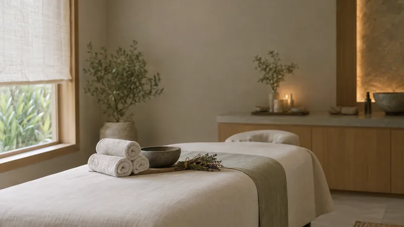 A spa treatment room with a made massage bed, rolled towels and a stone bowl