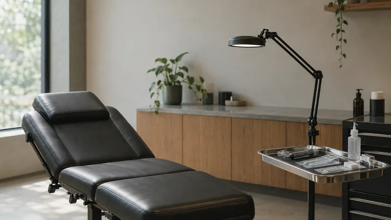 A tattoo studio workstation with a black leather bench, an articulated lamp and a sterile tray