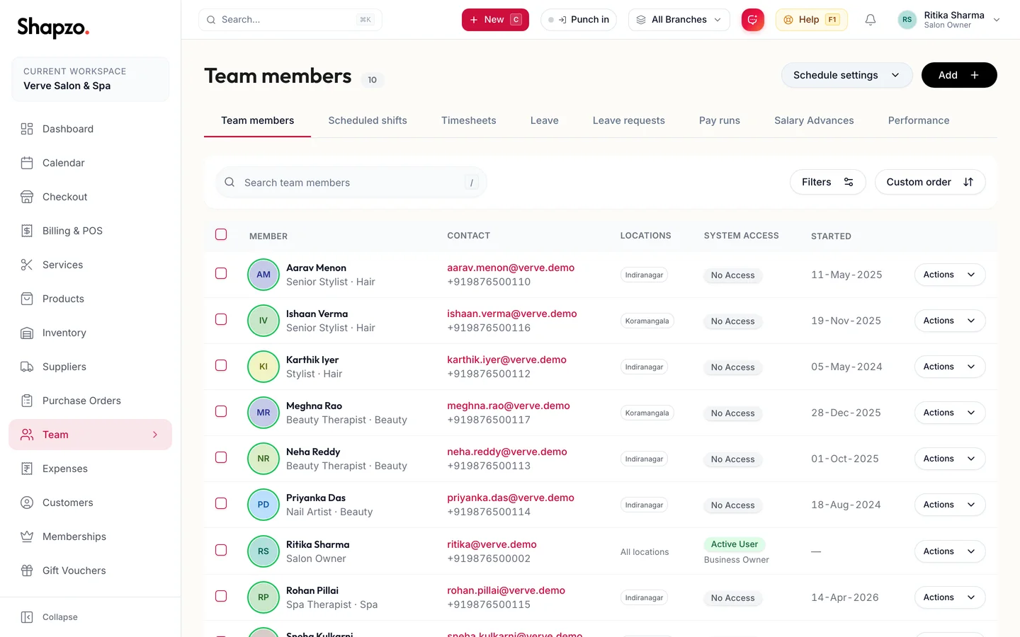 Team members with roles, shifts and departments