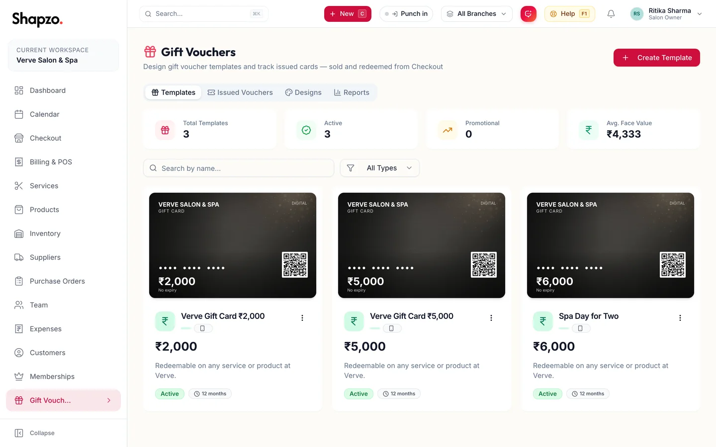 Gift voucher templates and issued cards