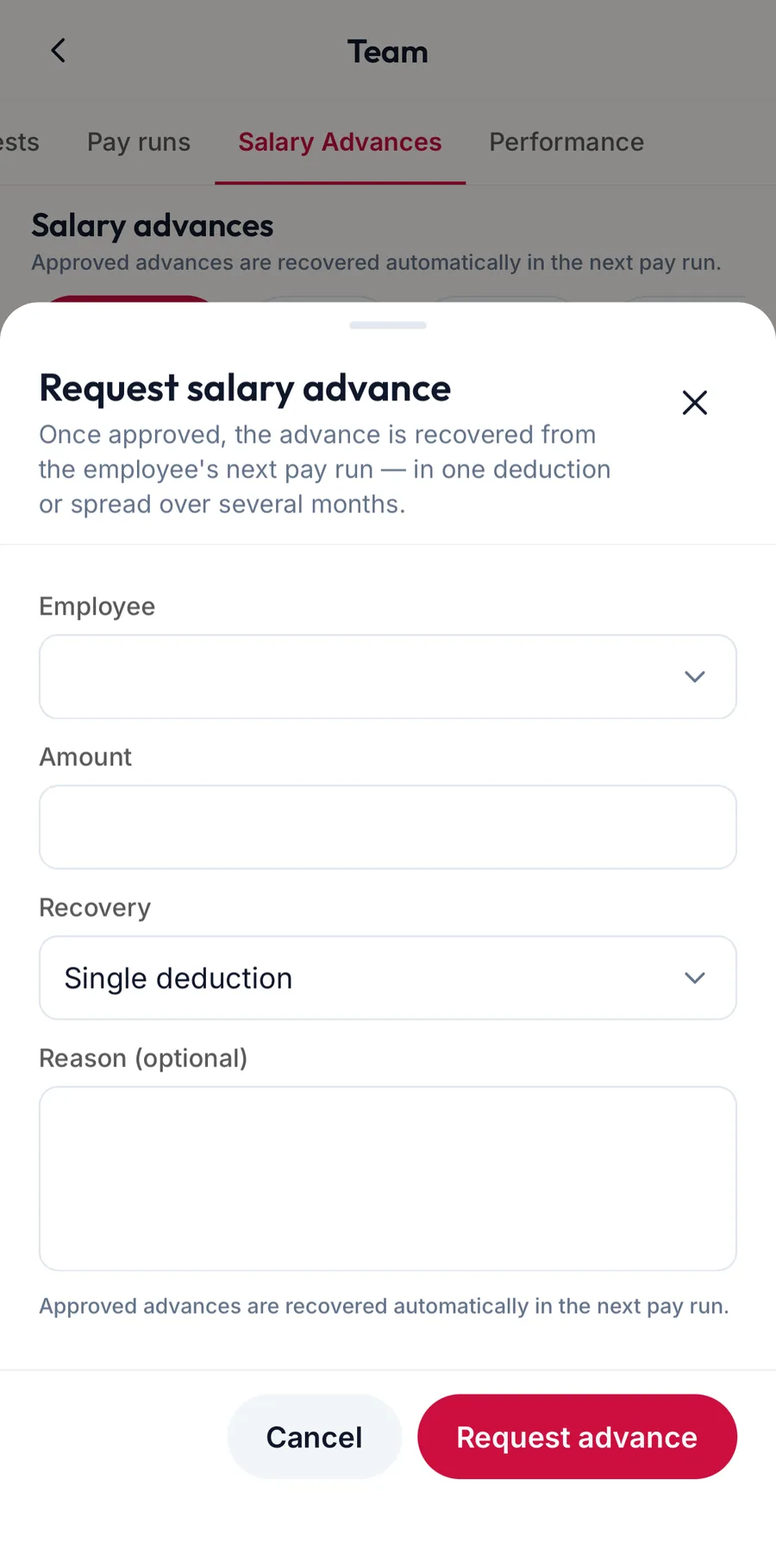 The Request salary advance sheet in the app