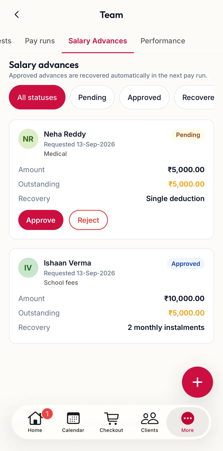 The Salary advances tab in the app
