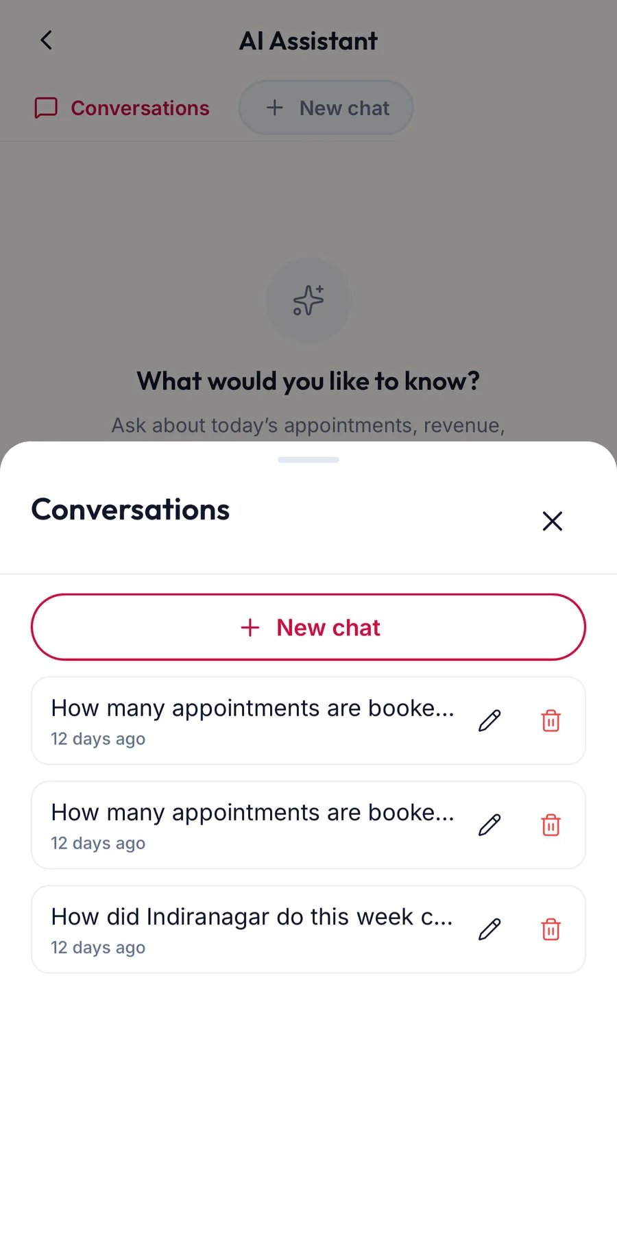 The conversations sheet in the app