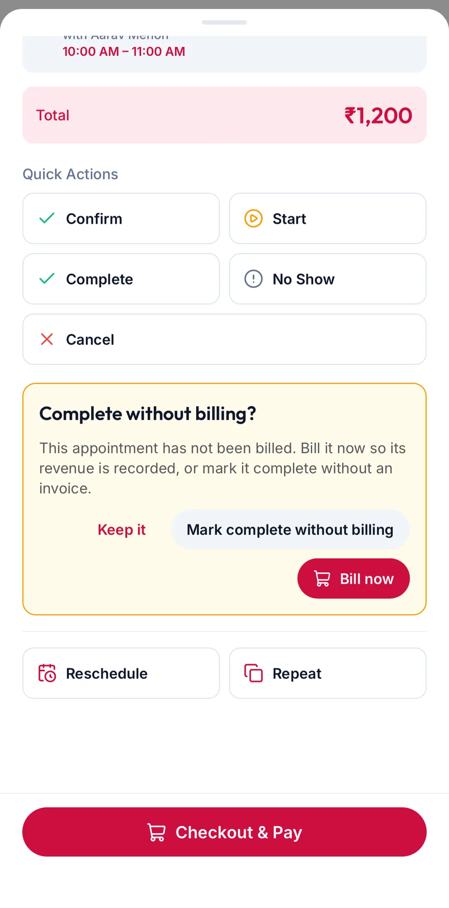 The prompt offering Bill now or Mark complete without billing in the app