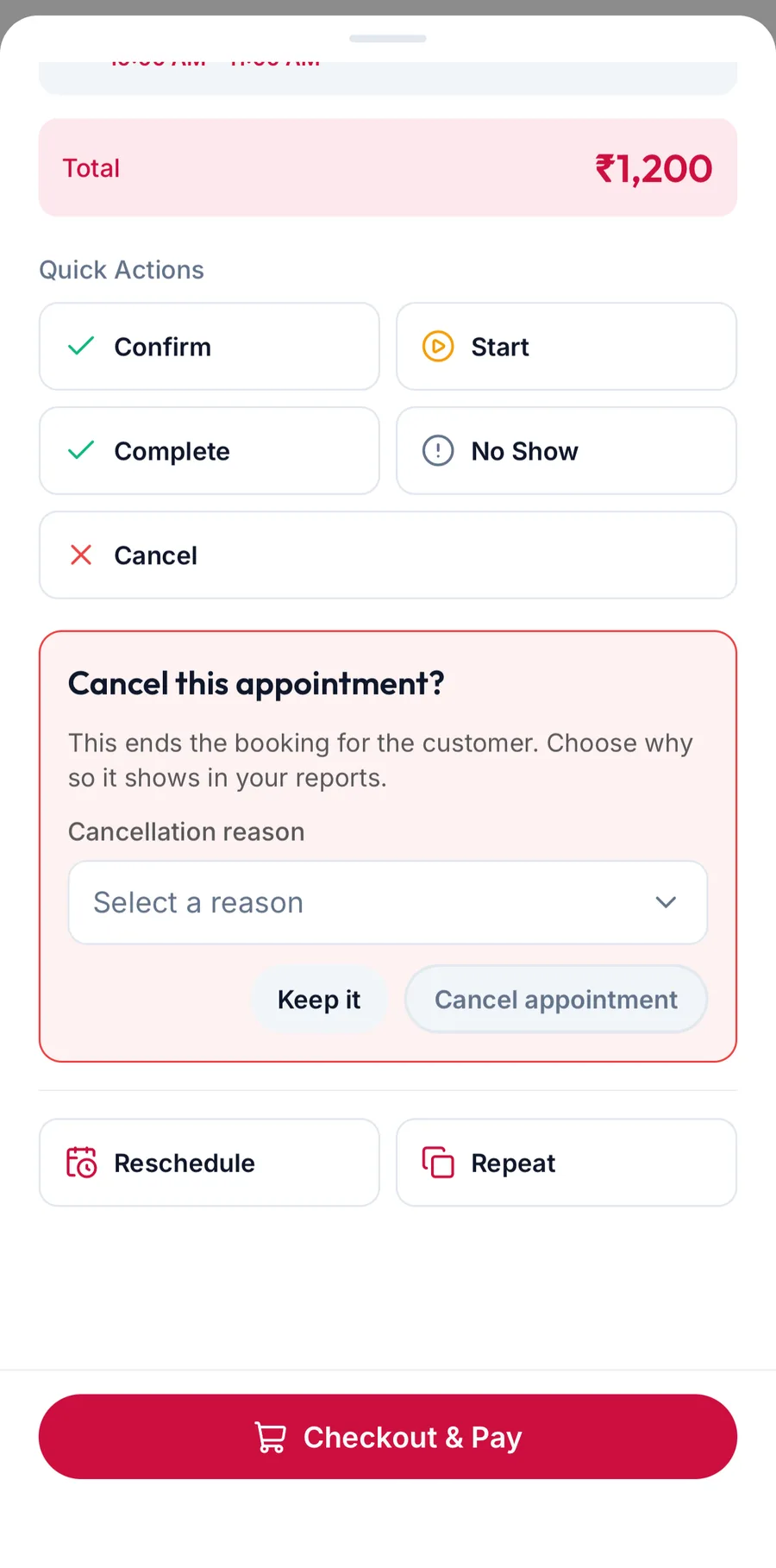 The prompt asking for a cancellation reason in the app