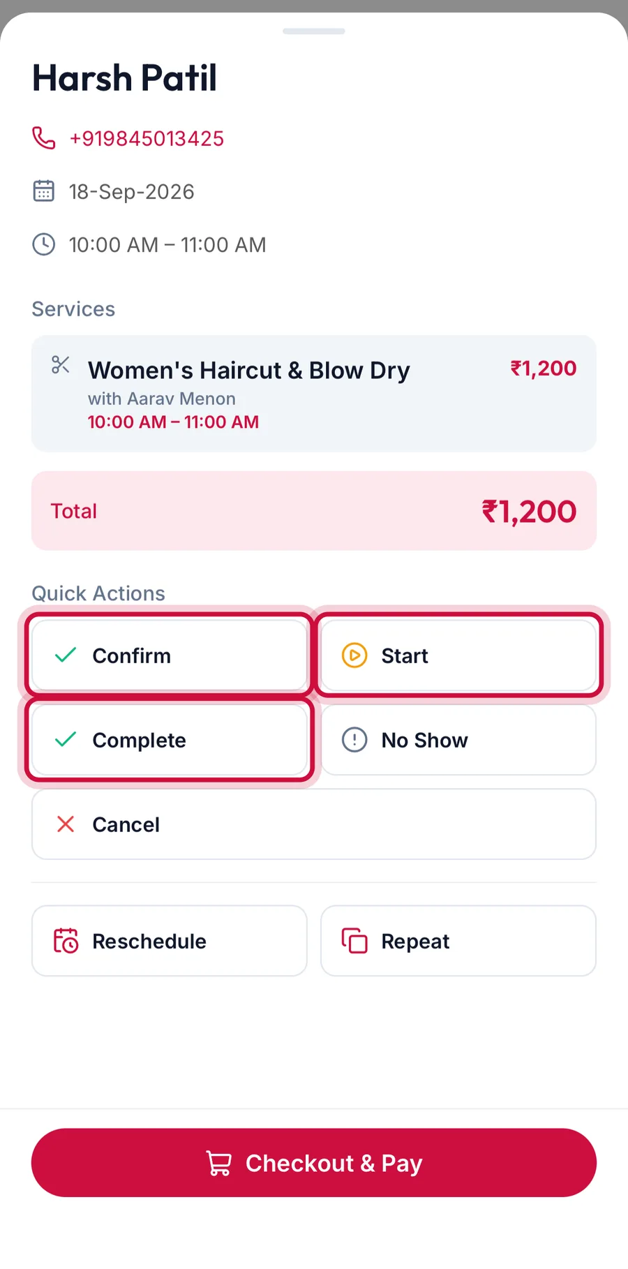 The Quick Actions on the appointment sheet