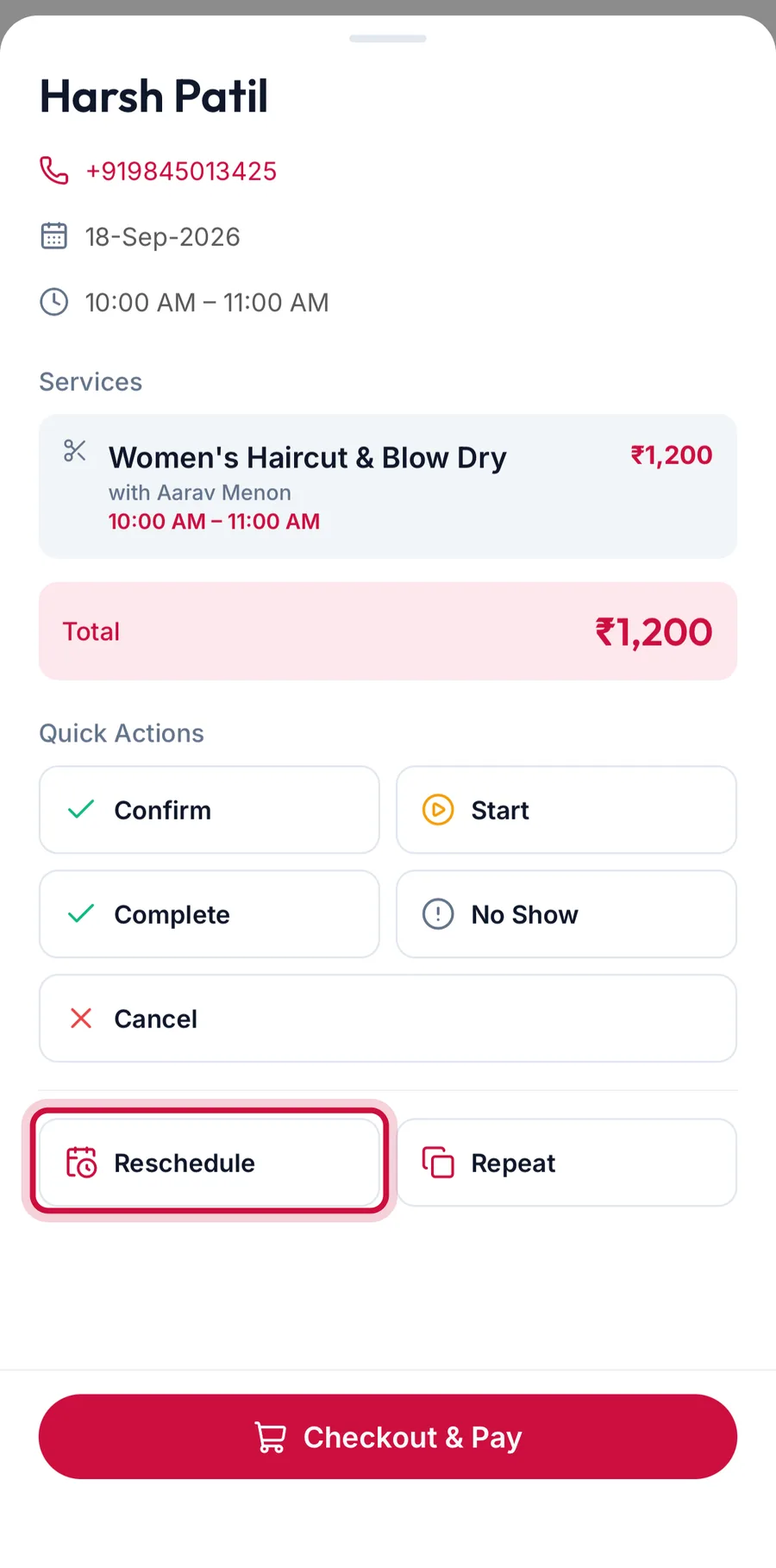 The appointment sheet with the Reschedule button highlighted