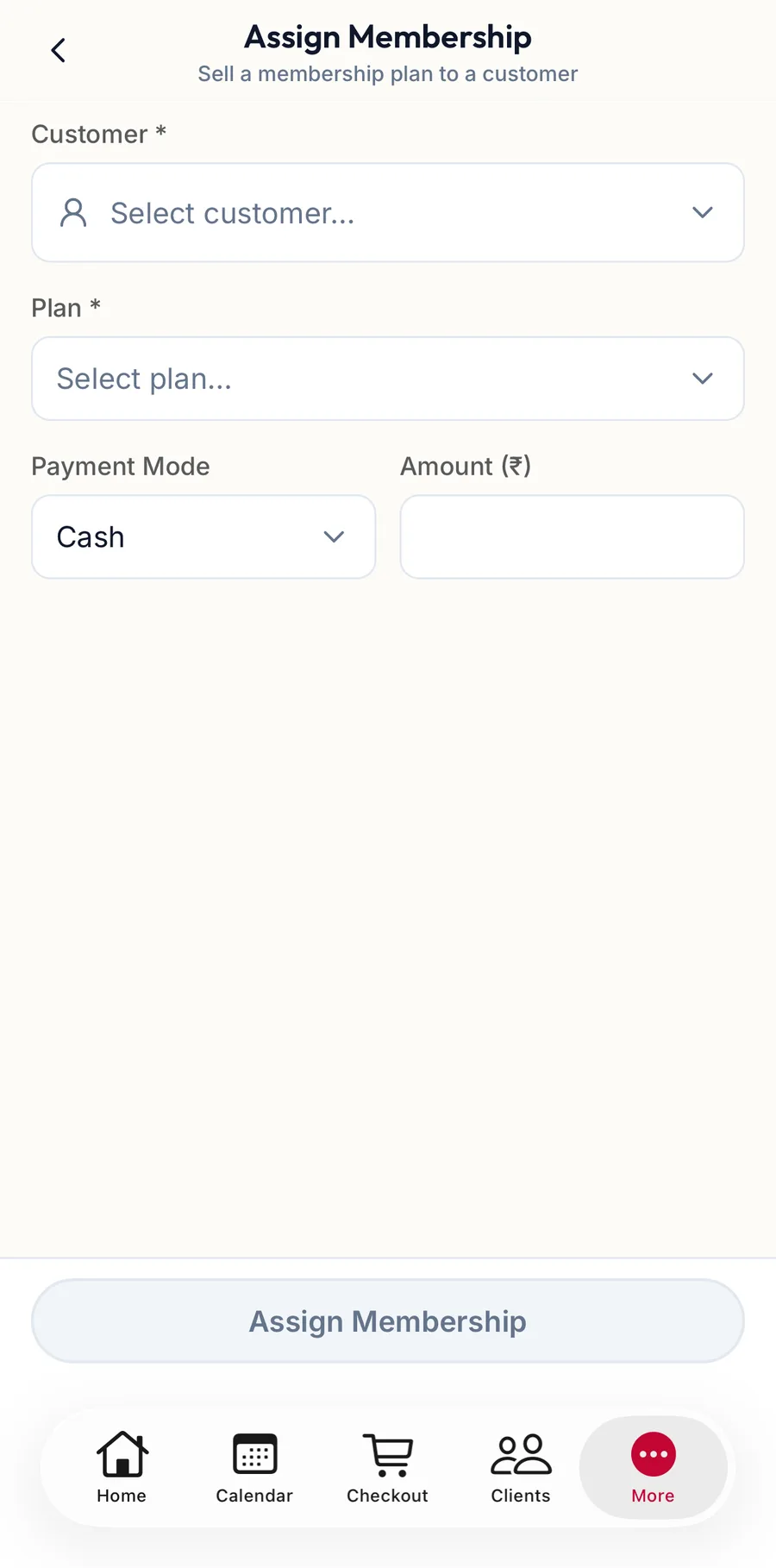 The Assign Membership screen in the app