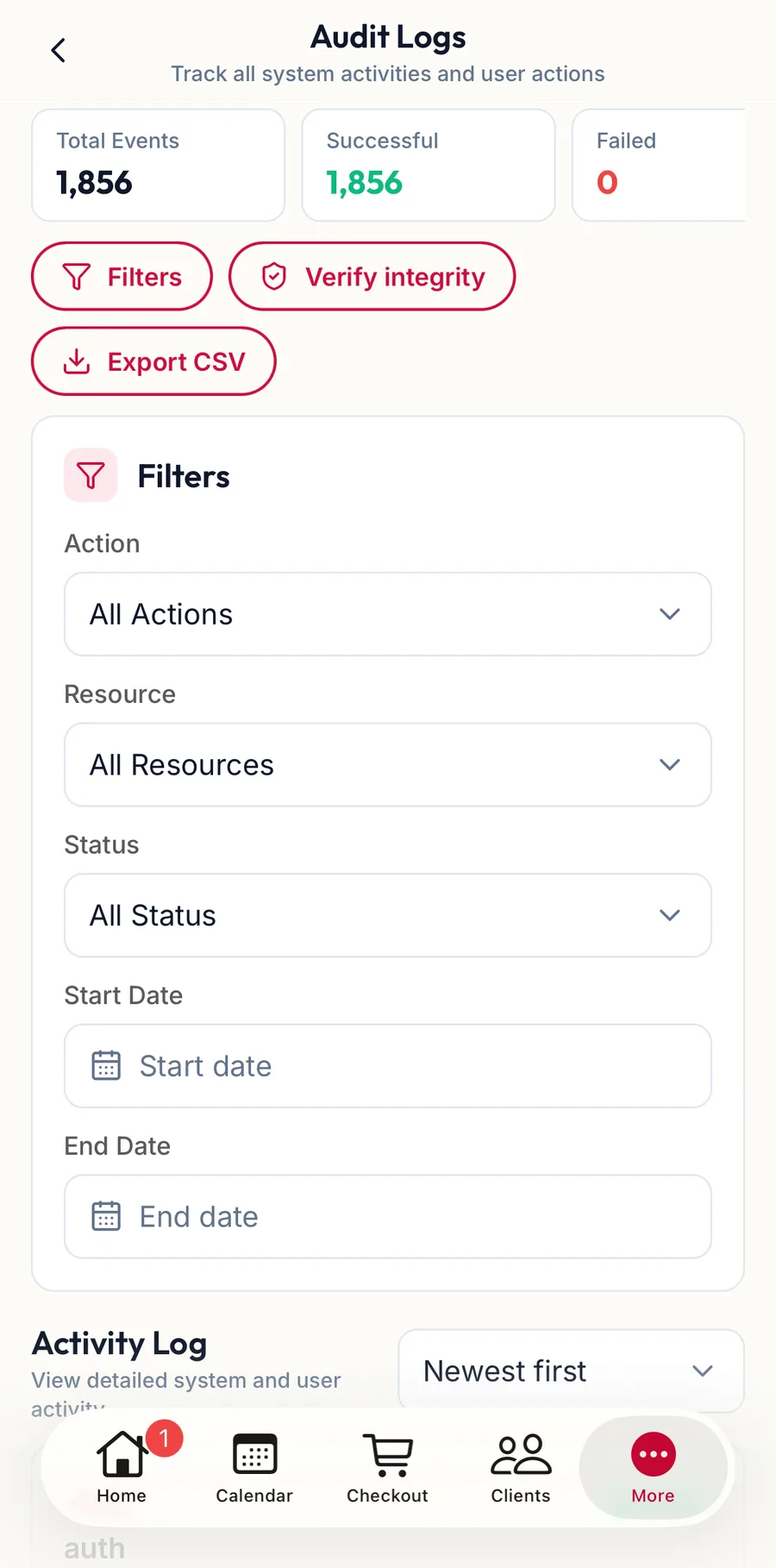 The audit log filters in the app