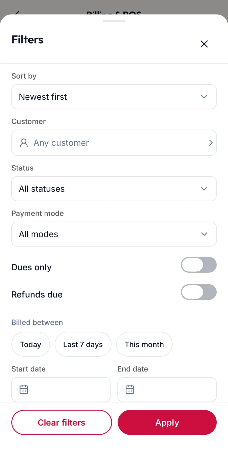 The invoice filters sheet in the app