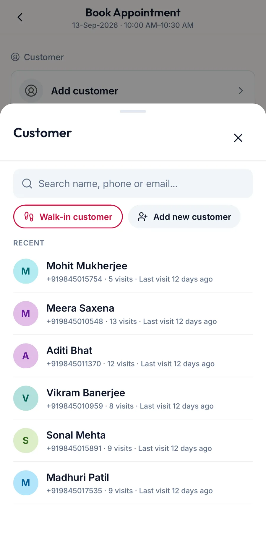 The customer picker with search and recent customers