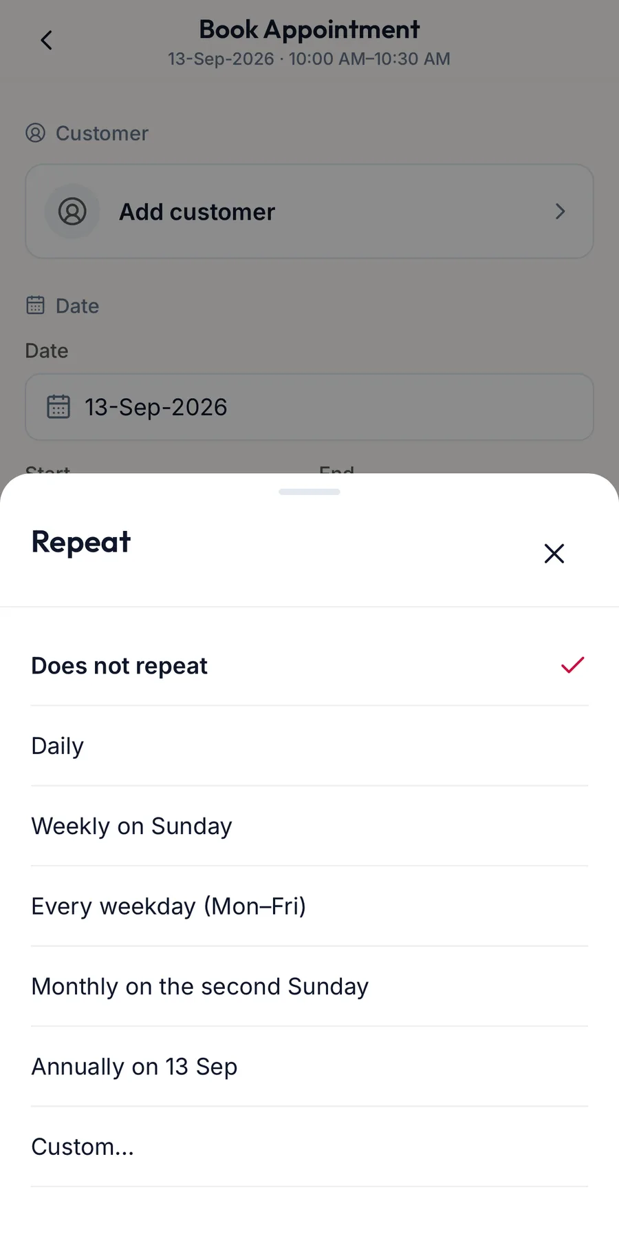 The repeat options on the New appointment form