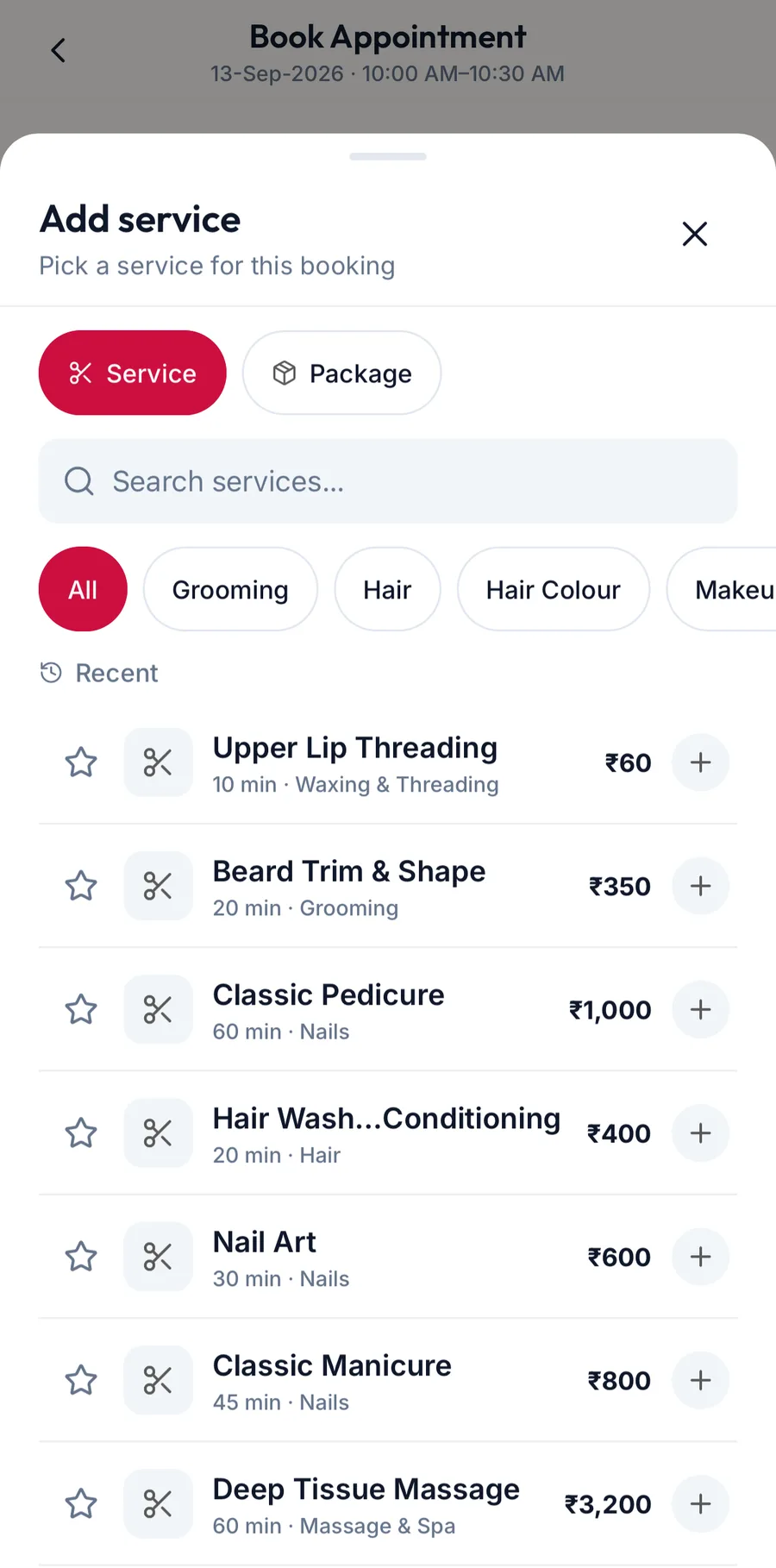 The service picker with search and categories