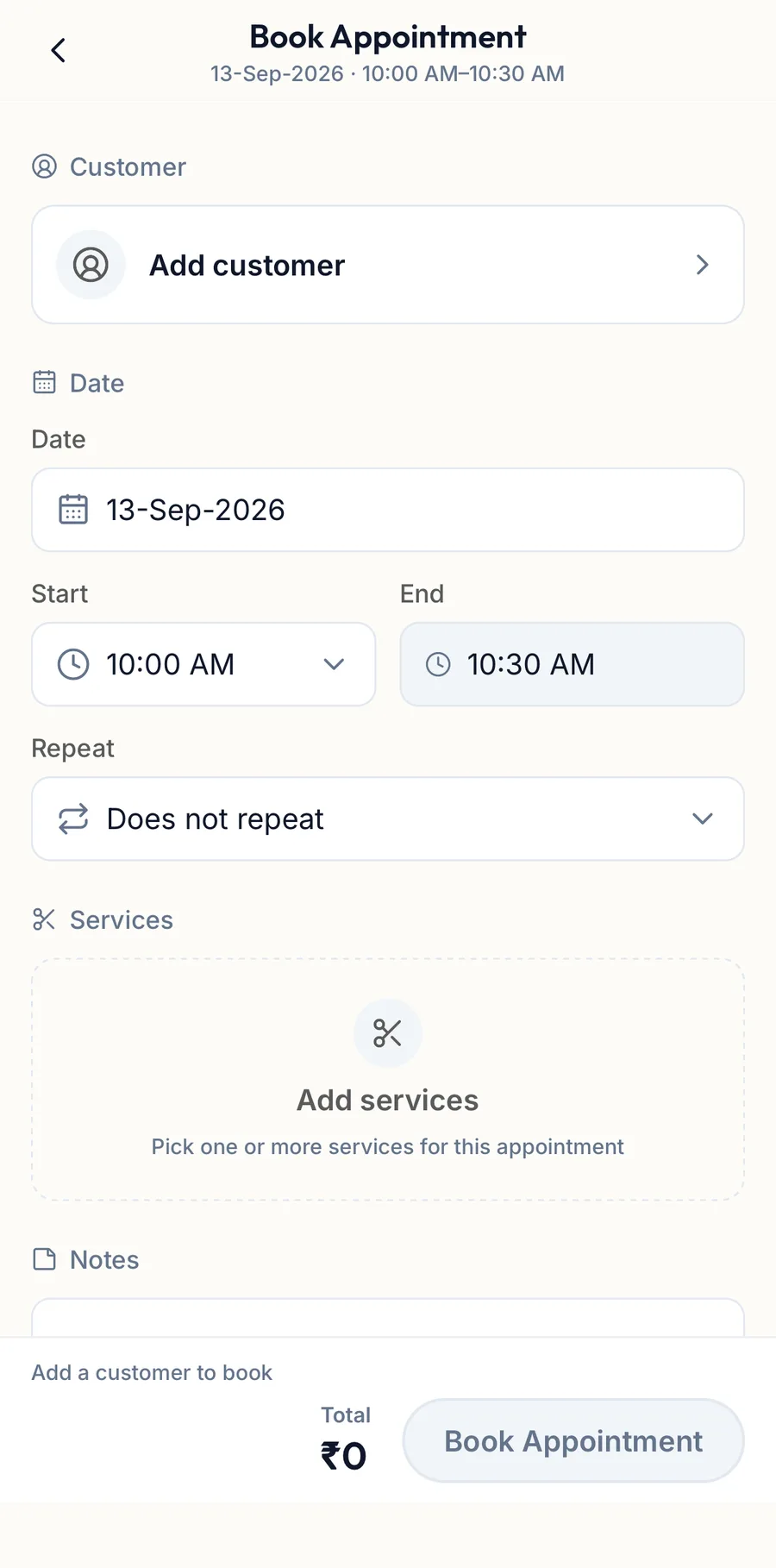 The Book Appointment form in the app with customer, date, time and services