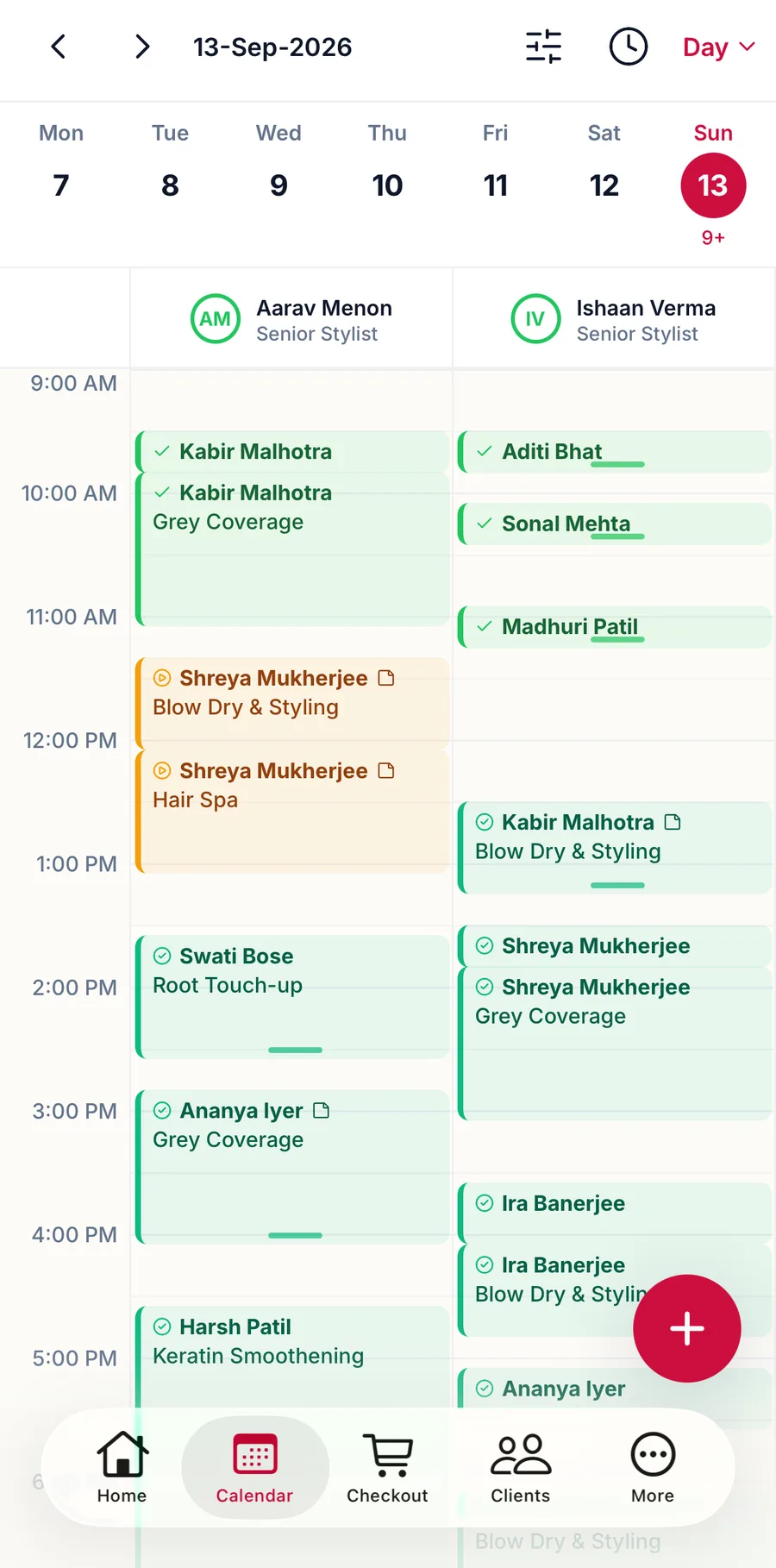 The calendar tab in day view with one column per team member