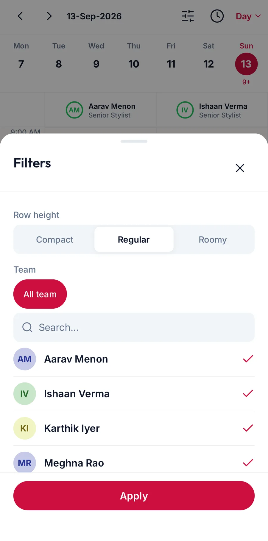 The Filters sheet with team, columns and row height
