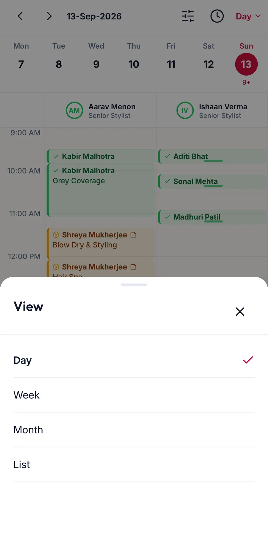 The view switcher offering Day, Week, Month and List