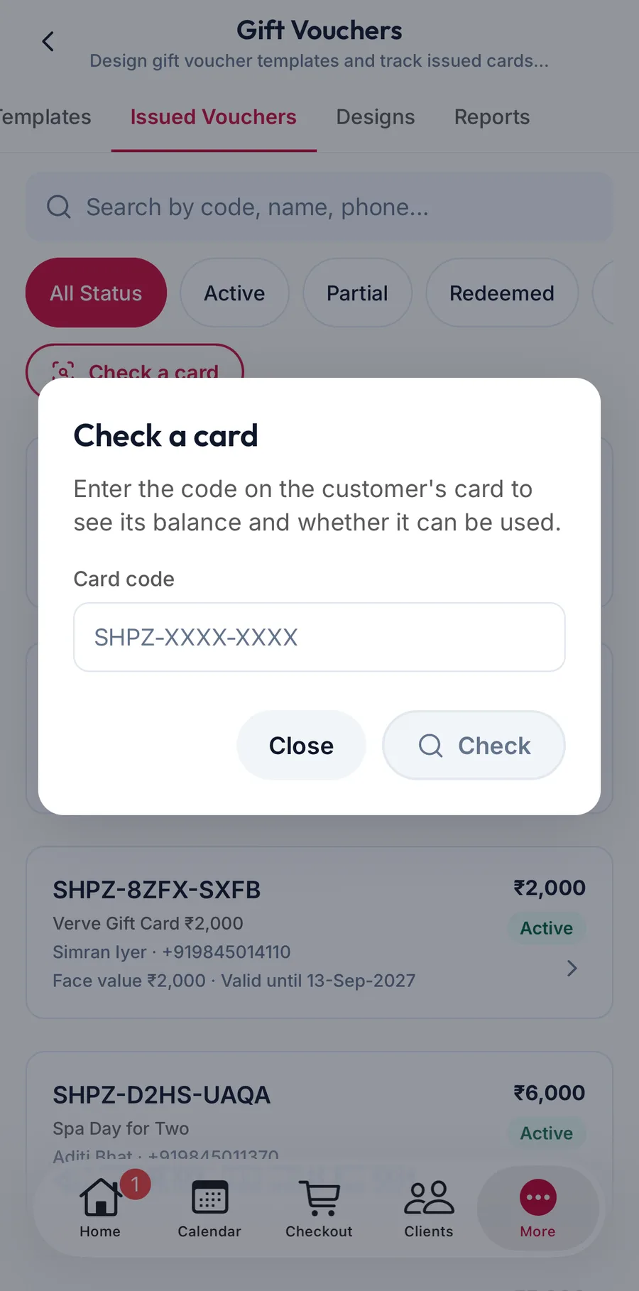 The Check a card dialog in the app