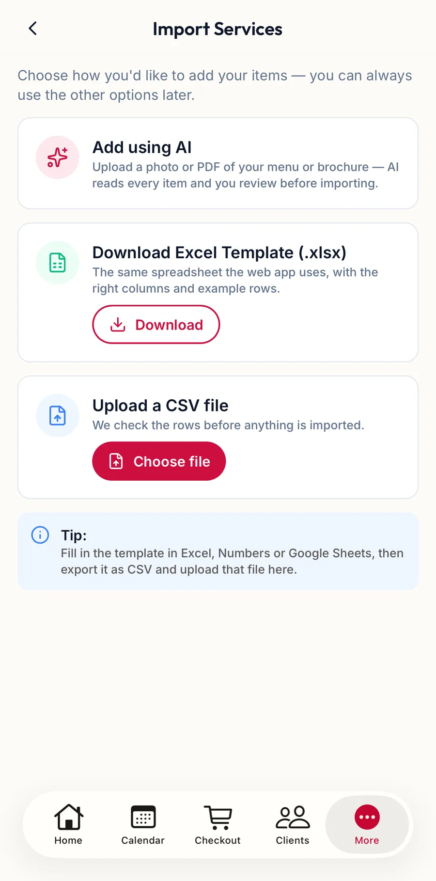 The import screen in the app