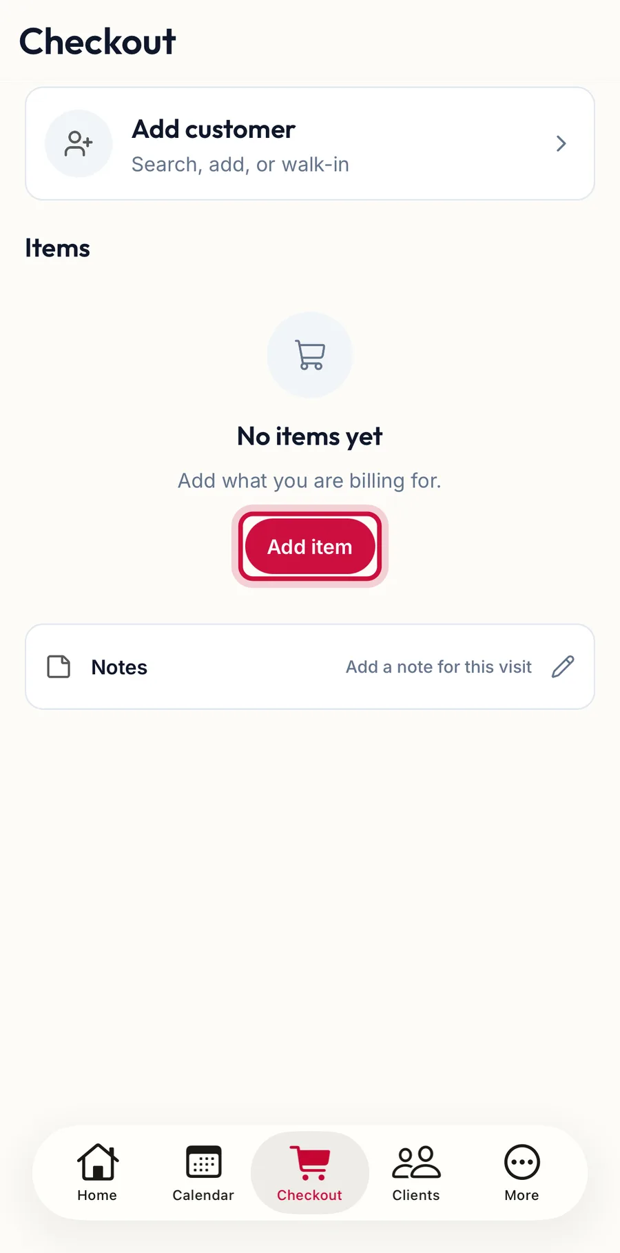 The checkout tab with the Add item button highlighted
