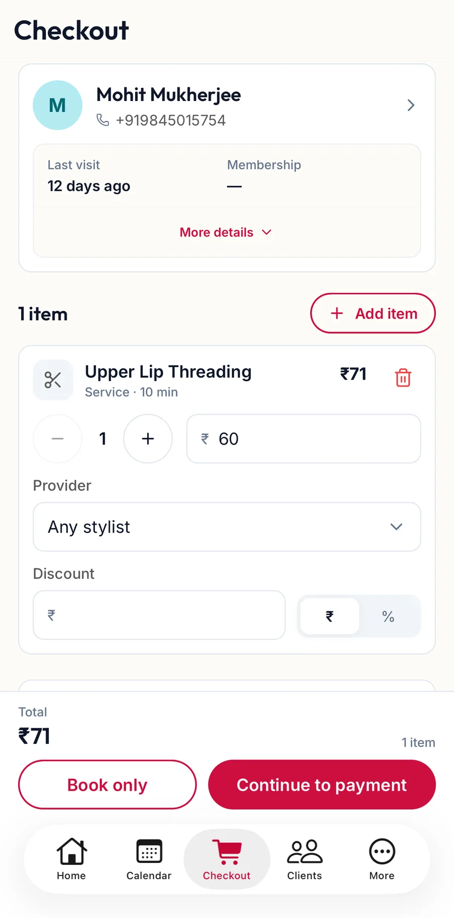 The Checkout tab with a customer and a service in the order