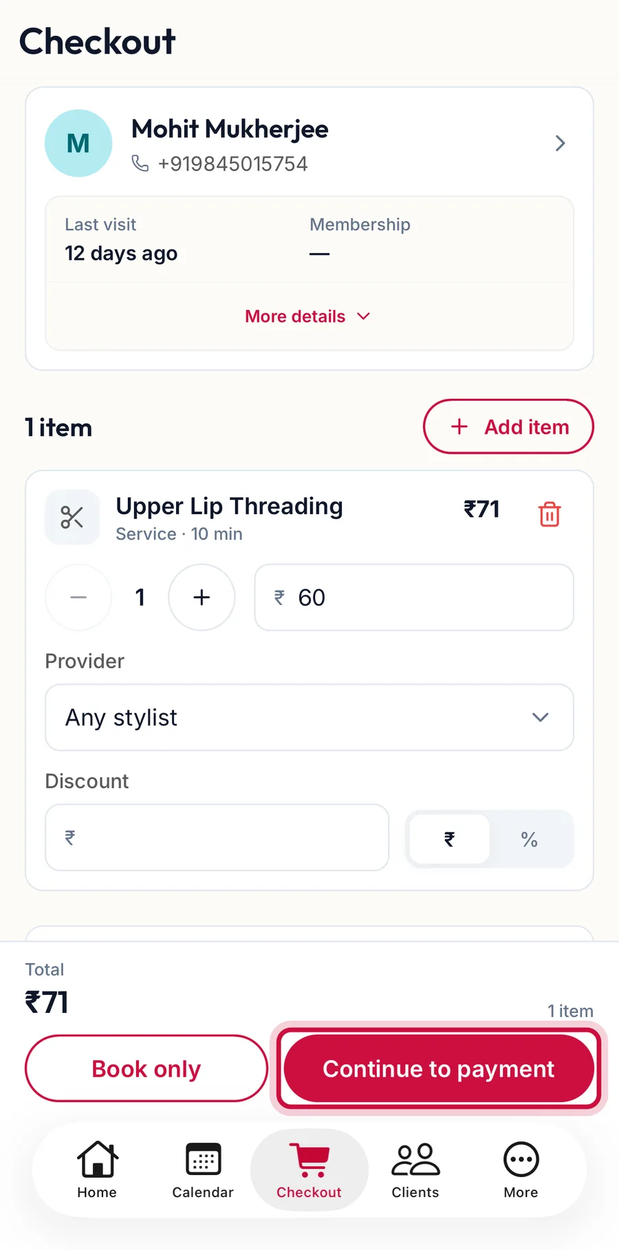 The Checkout tab with the Continue to payment button highlighted