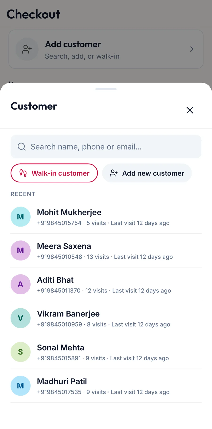 The customer picker in the app with search and recent customers