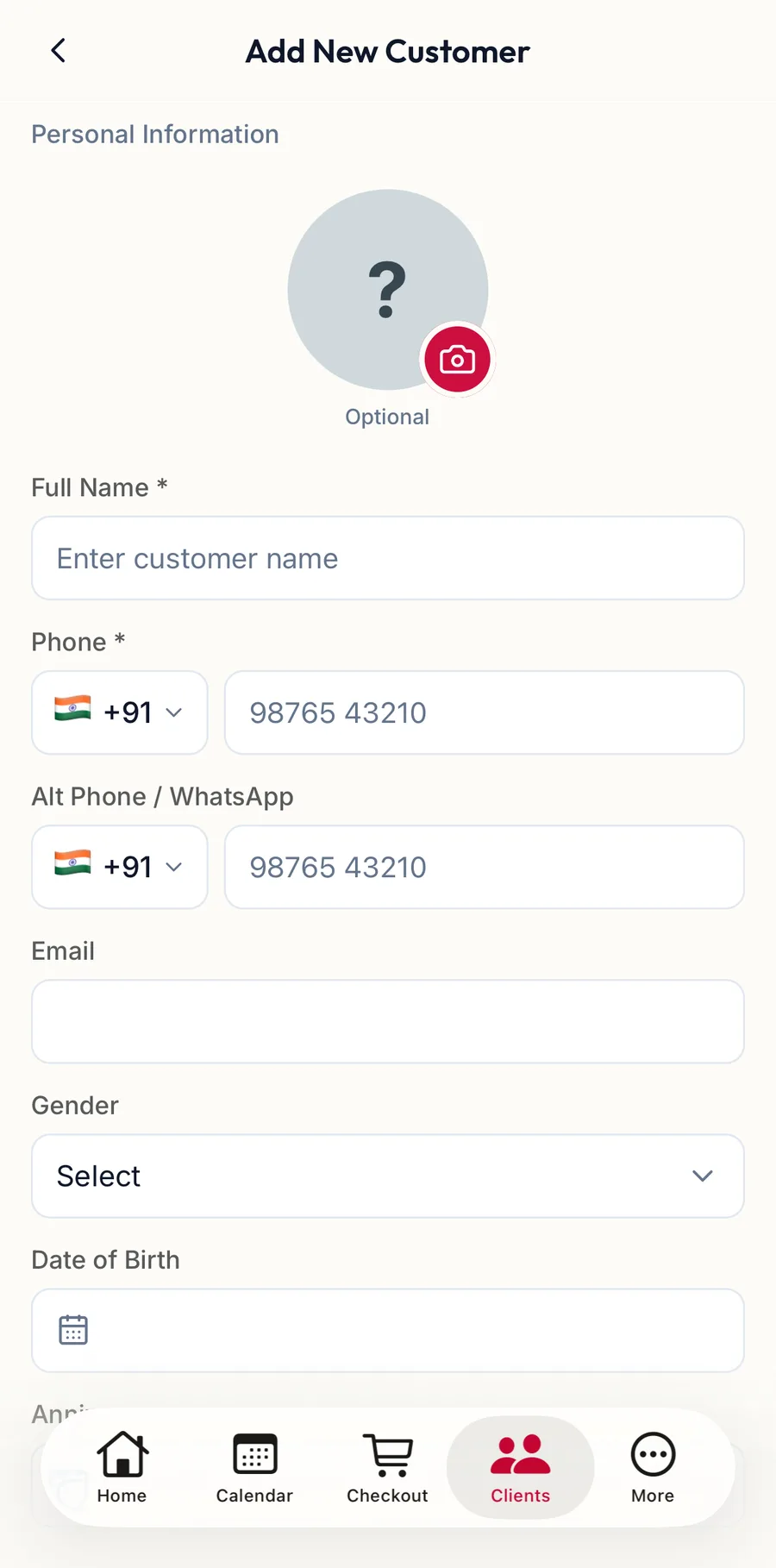 The Add New Customer form in the app