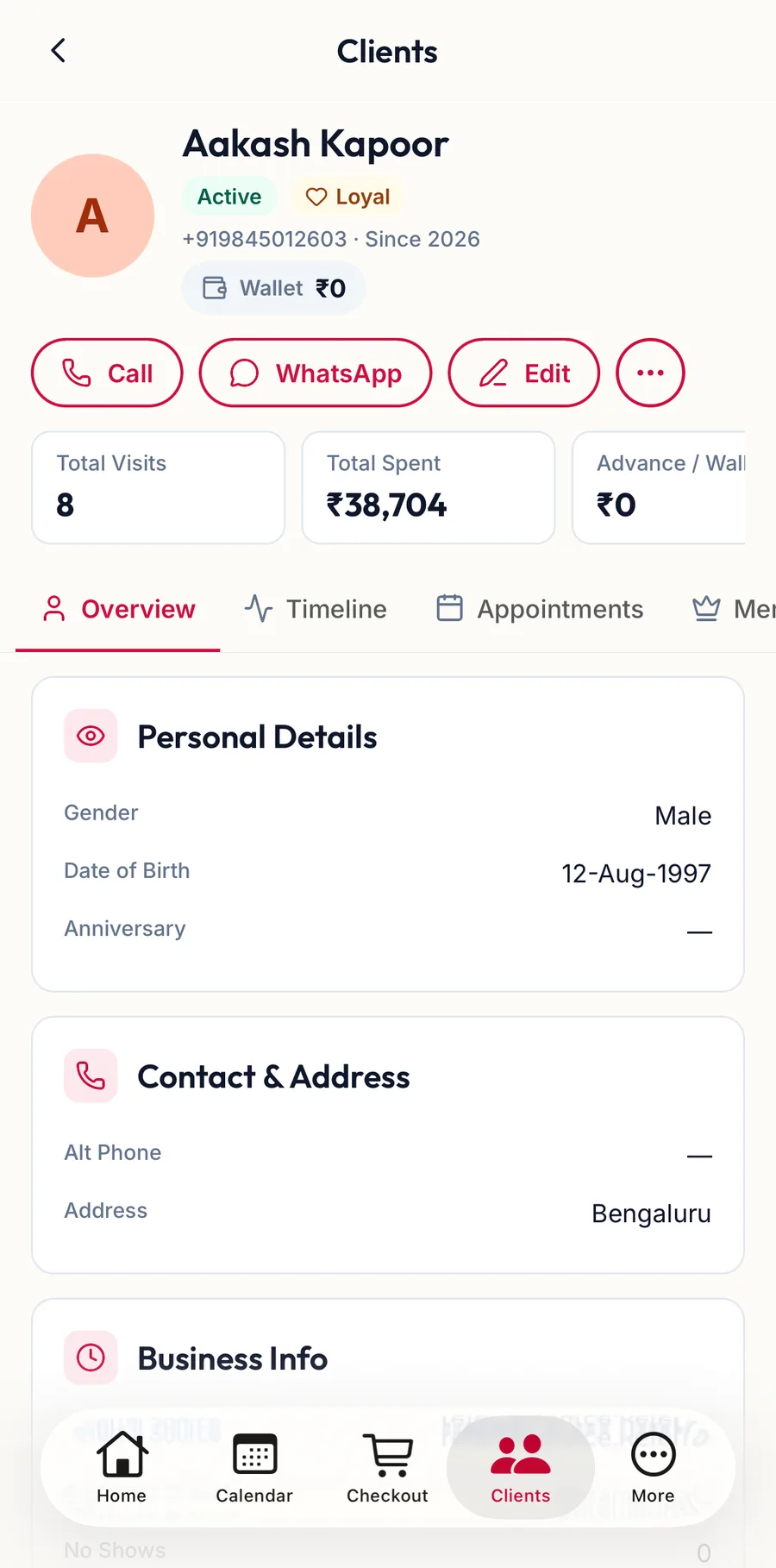 A customer profile in the app with its stats and tabs