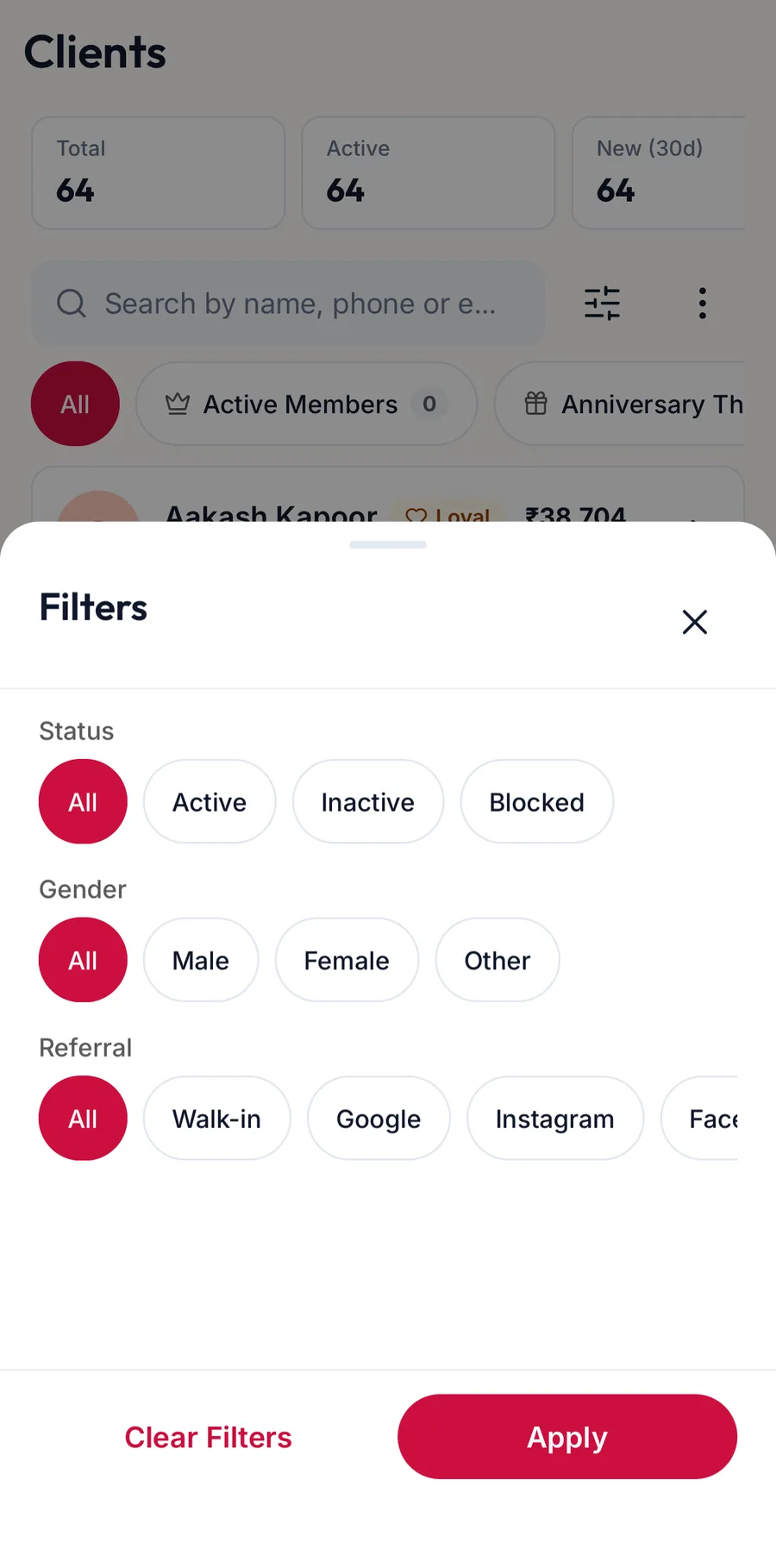 The Filters sheet on the Clients tab