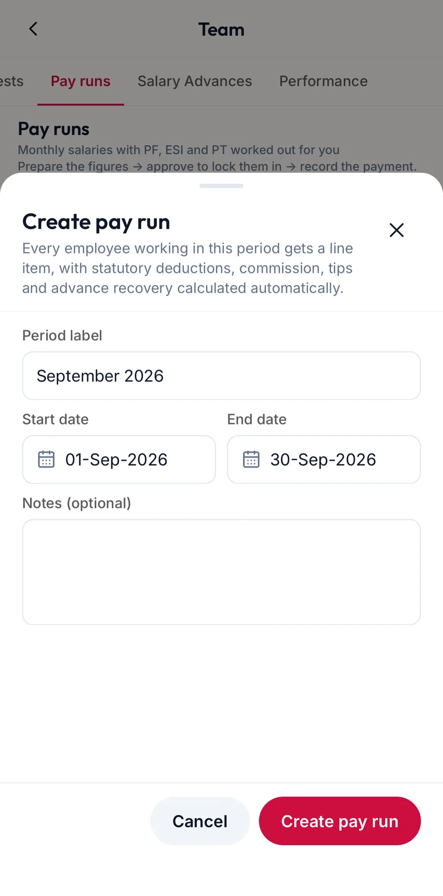 The Create pay run sheet in the app