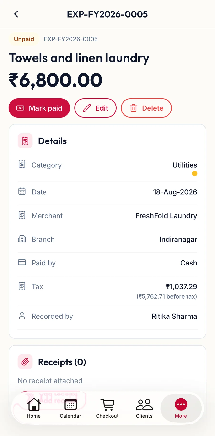 An expense's detail sheet in the app