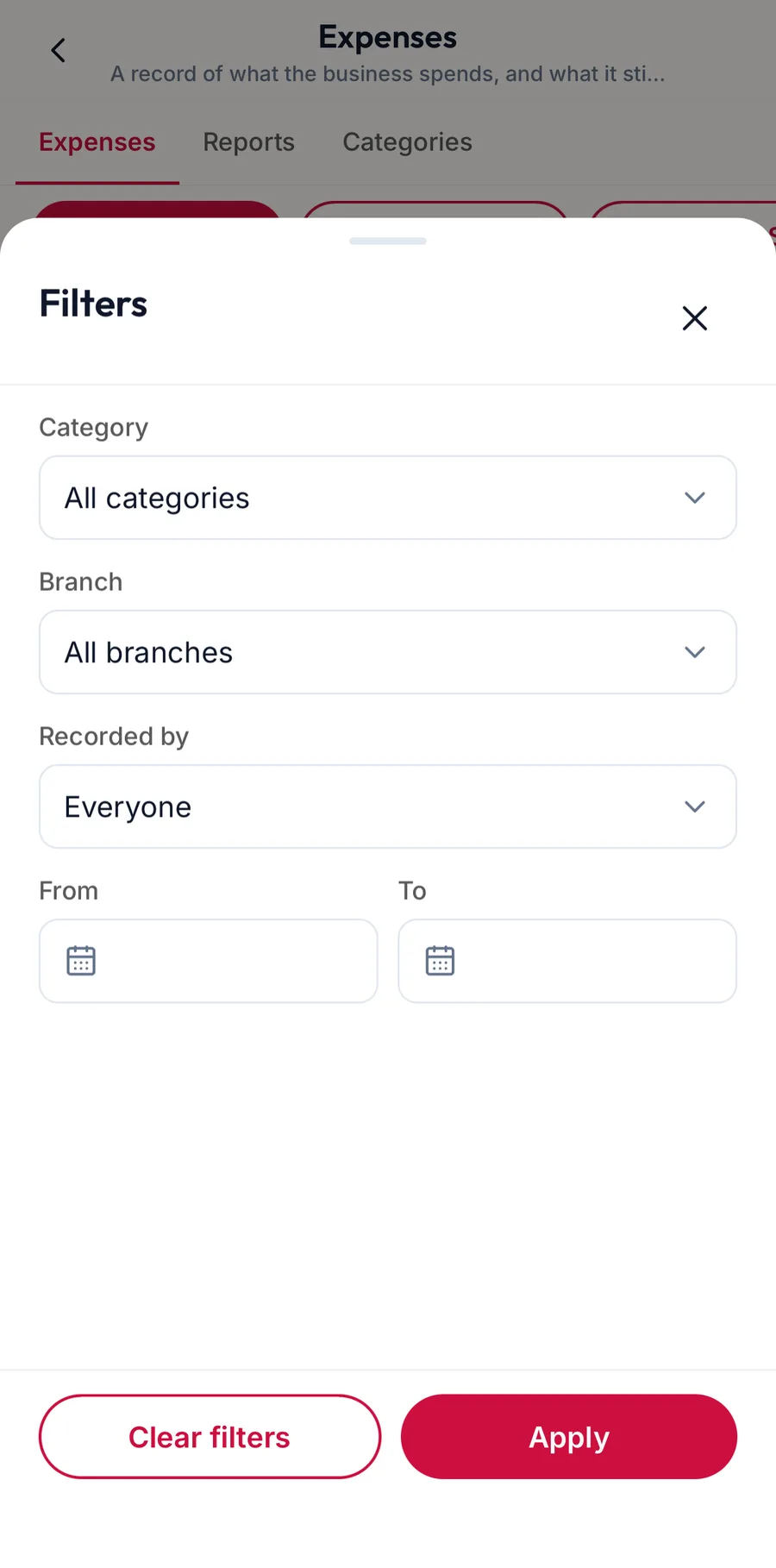 The expense filters in the app