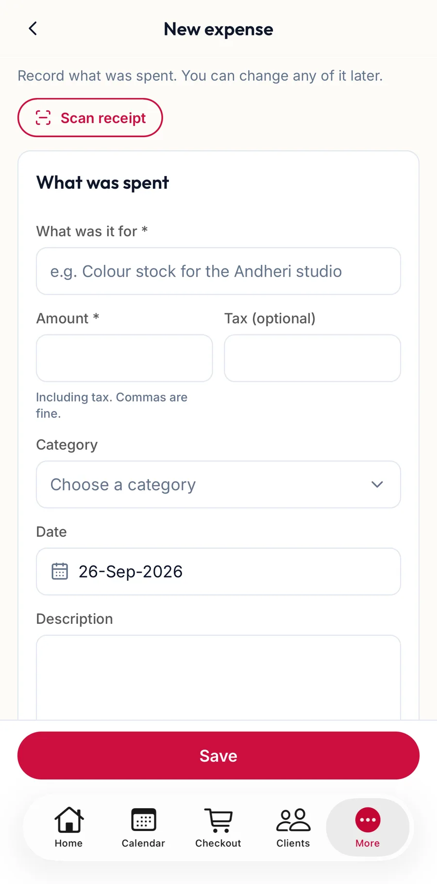 The New expense form in the app