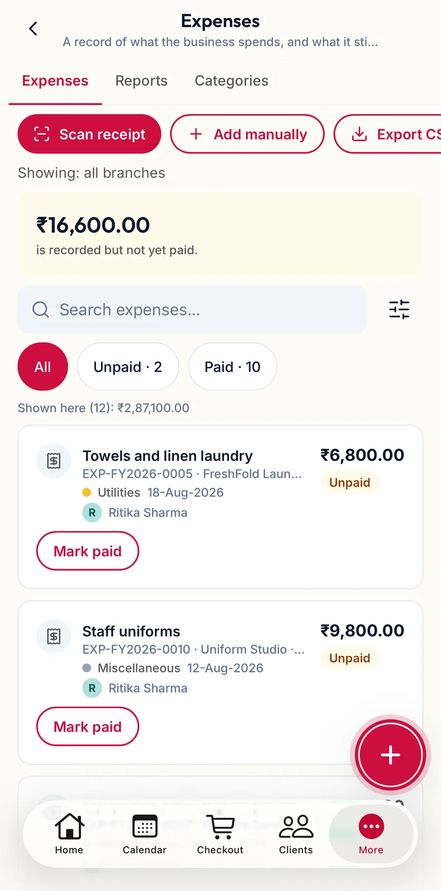 The Expenses screen in the app with the add button highlighted