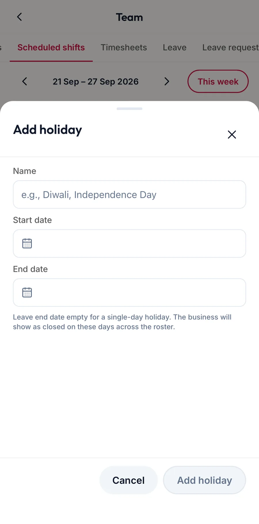 The Add holiday sheet in the app