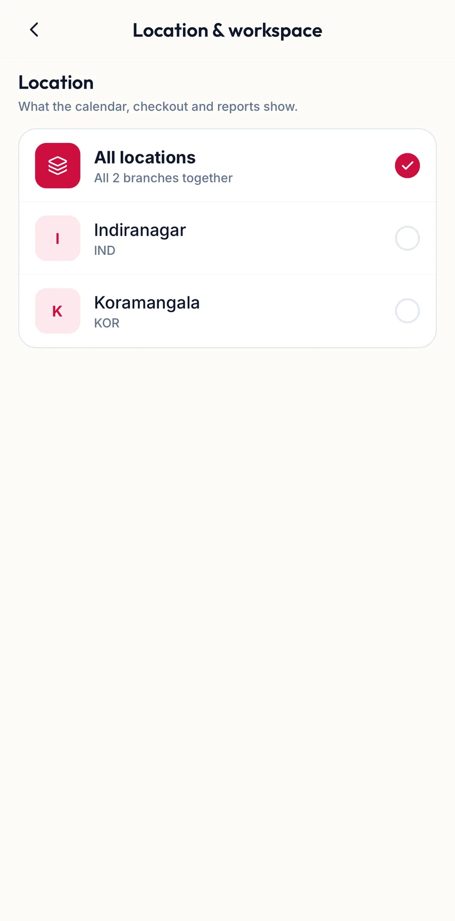The branch and workspace switcher in the app