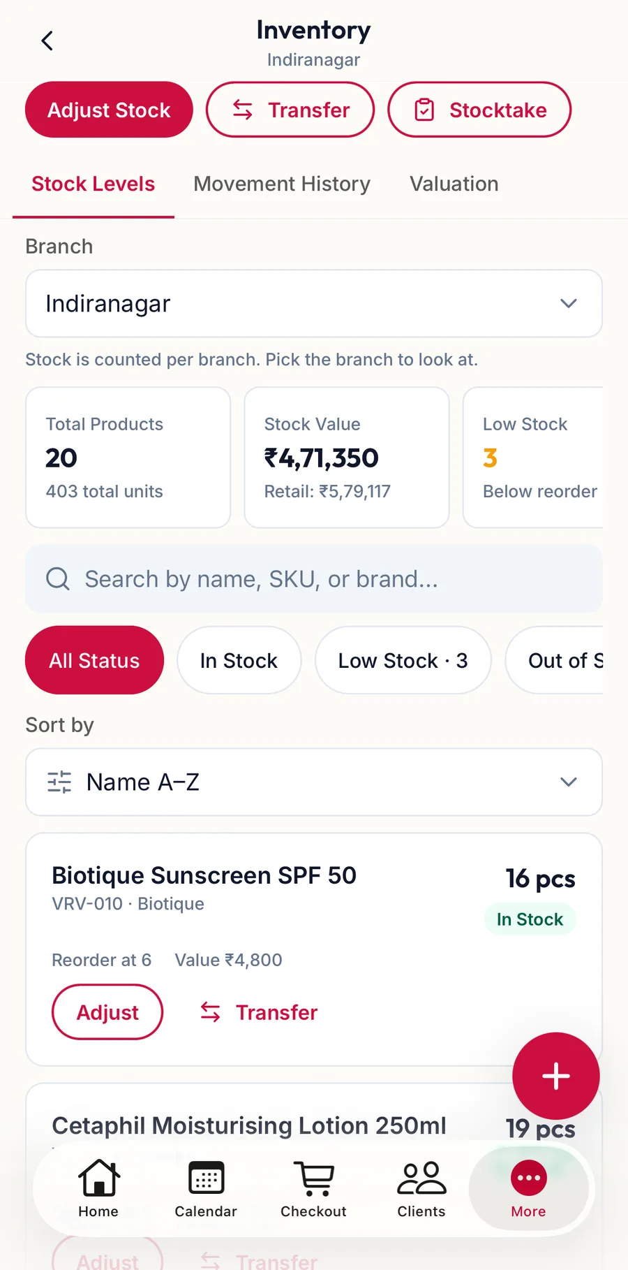 The Inventory screen in the app on Stock Levels