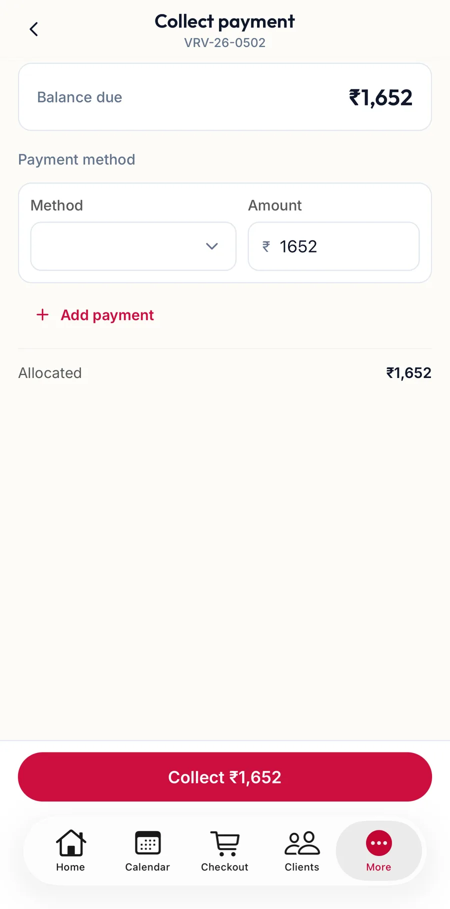 The Collect payment screen in the app