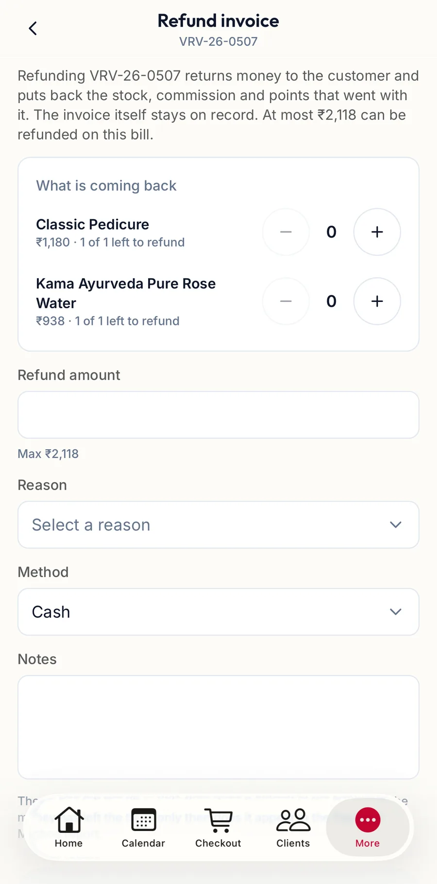 The Refund invoice screen in the app