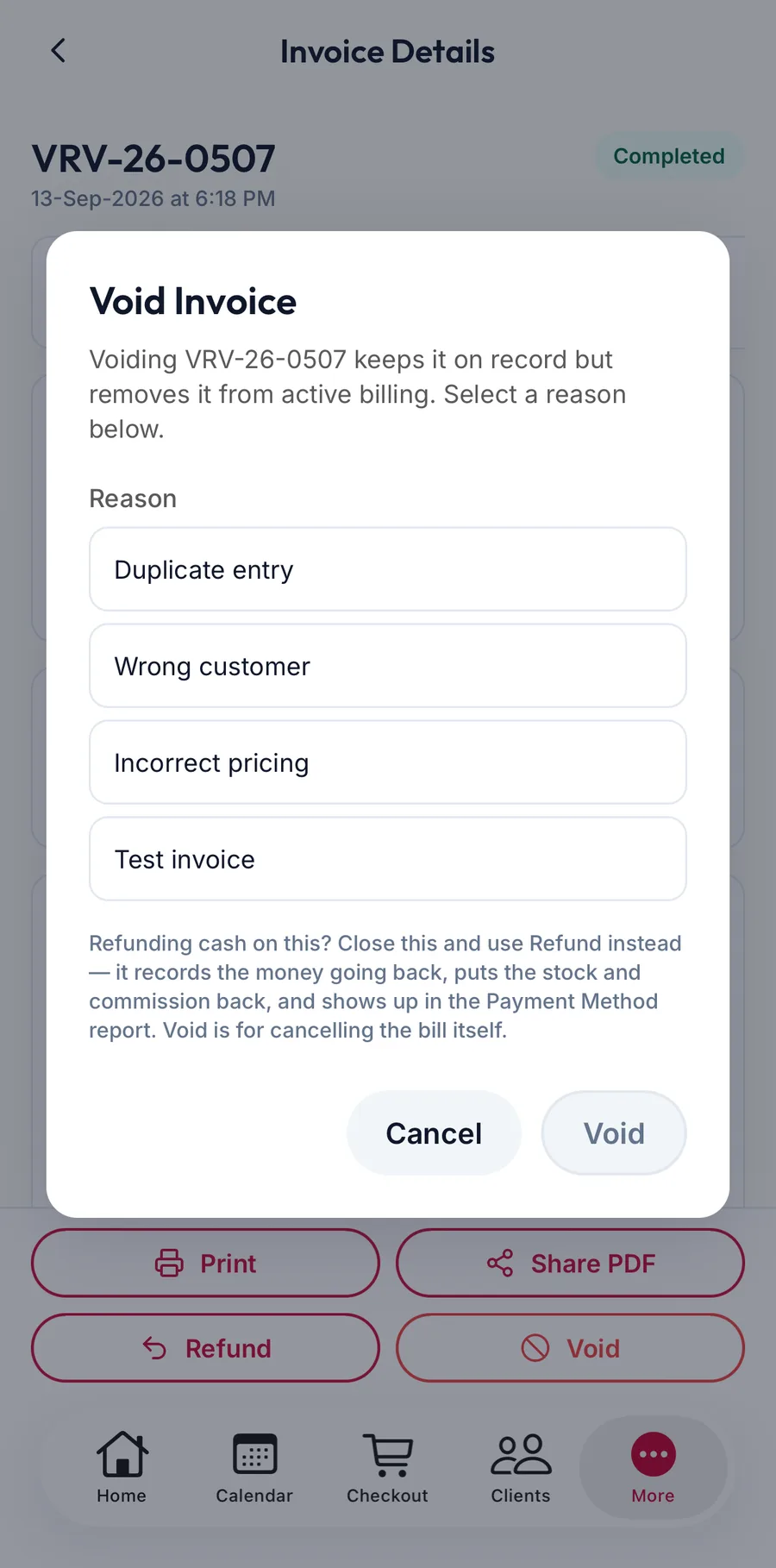 The Void Invoice dialog in the app