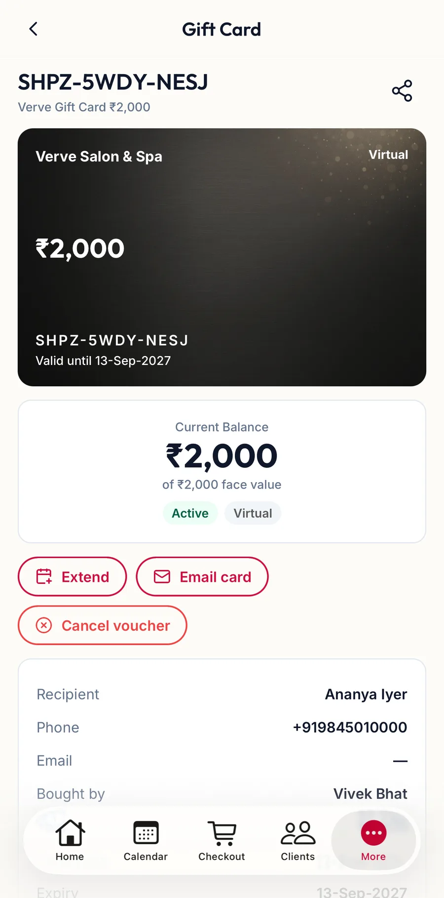 An issued card's sheet in the app